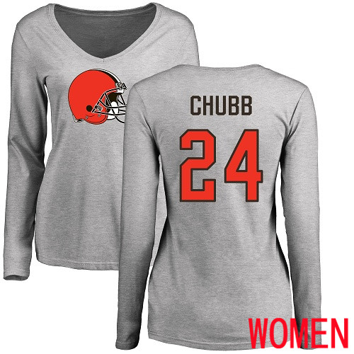 Cleveland Browns Nick Chubb Women Ash Jersey #24 NFL Football Name and Number Logo Long Sleeve T Shirt->women nfl jersey->Women Jersey